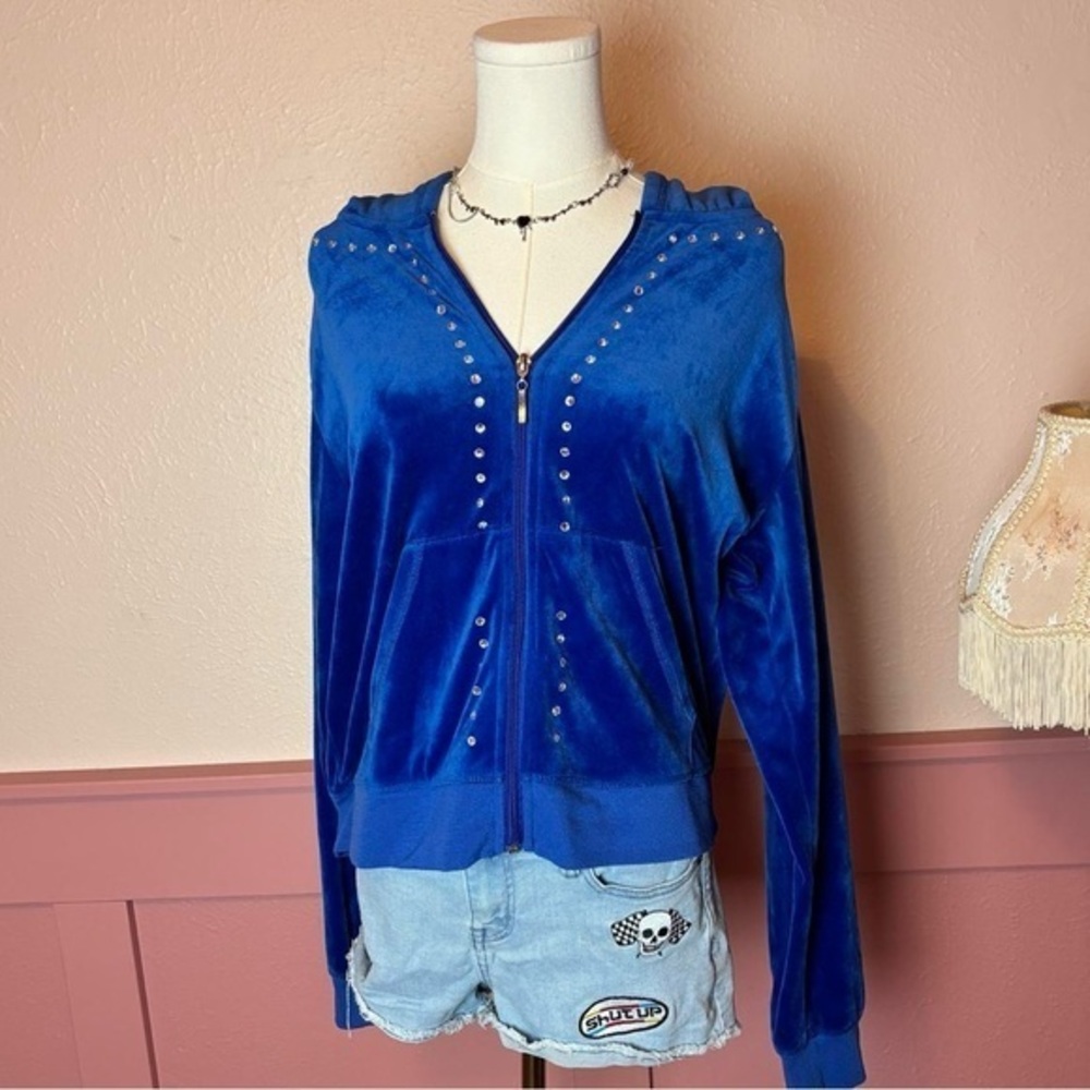 bela house y2k crushed velvet studded zip up tracksuit jacket sz 3x blue soft